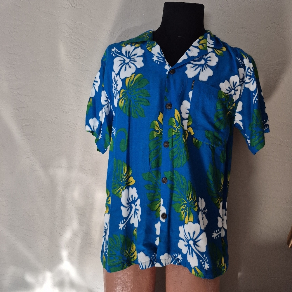 Men's Blue Retro Floral Hawaiian Shirt Medium